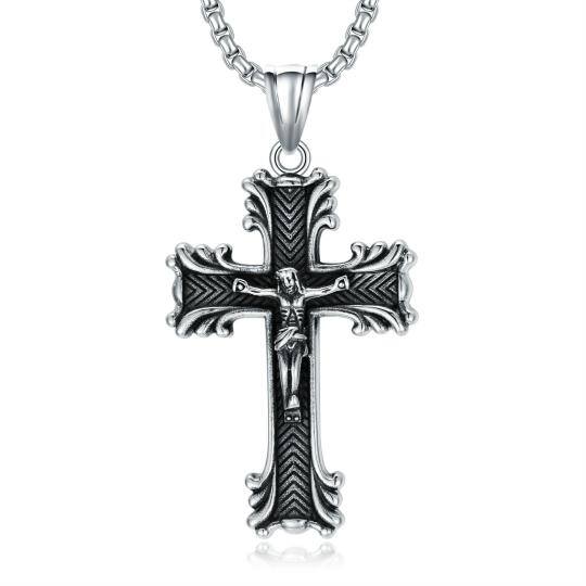 Collier avec pendentif croix plaqué argent rétro en acier inoxydable pour hommes