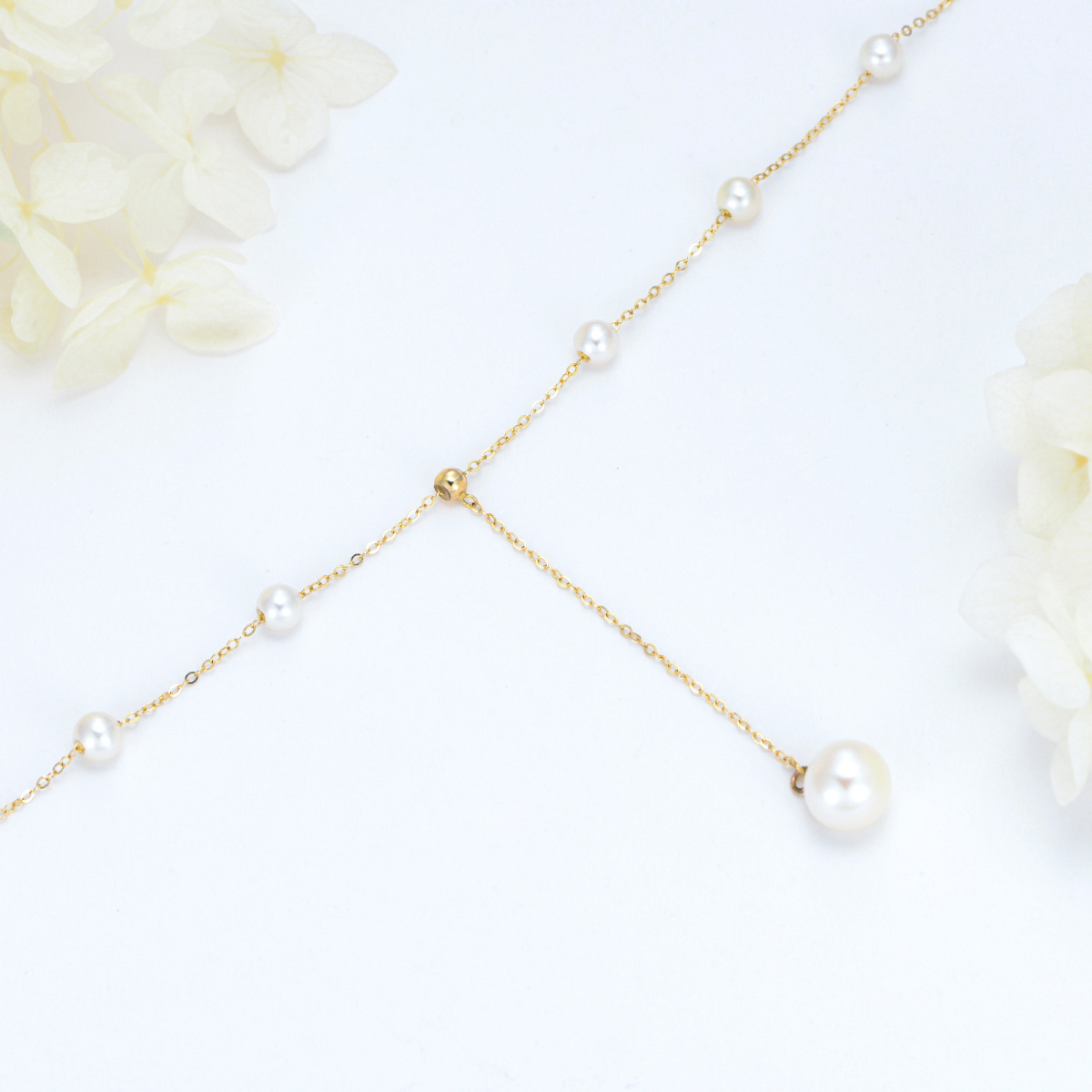 Collar ajustable en forma de Y con perlas circulares de oro de 14 quilates-4