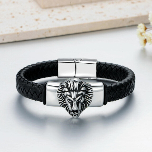 Pulseira de aço inoxidável com corrente de leão banhada a prata retrô para homens-3