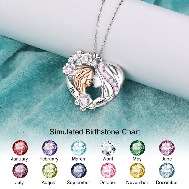 Sterling Silver Mother & Daughter Personalized Engraving & Birthstone Pendant Necklace-1