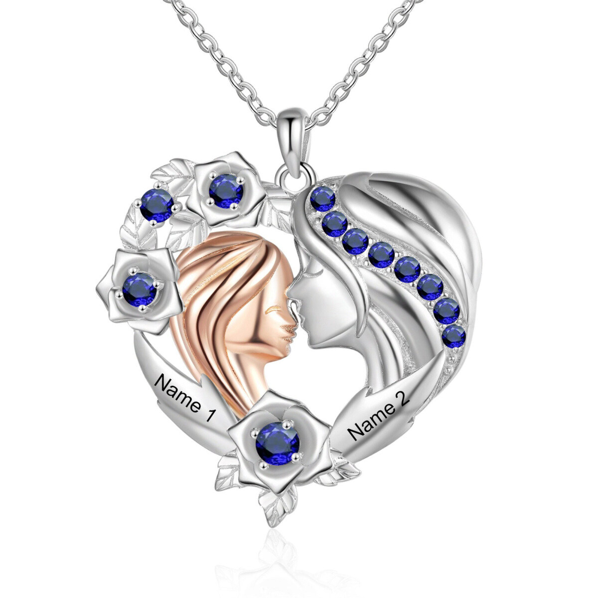 Sterling Silver Mother & Daughter Personalized Engraving & Birthstone Pendant Necklace-1