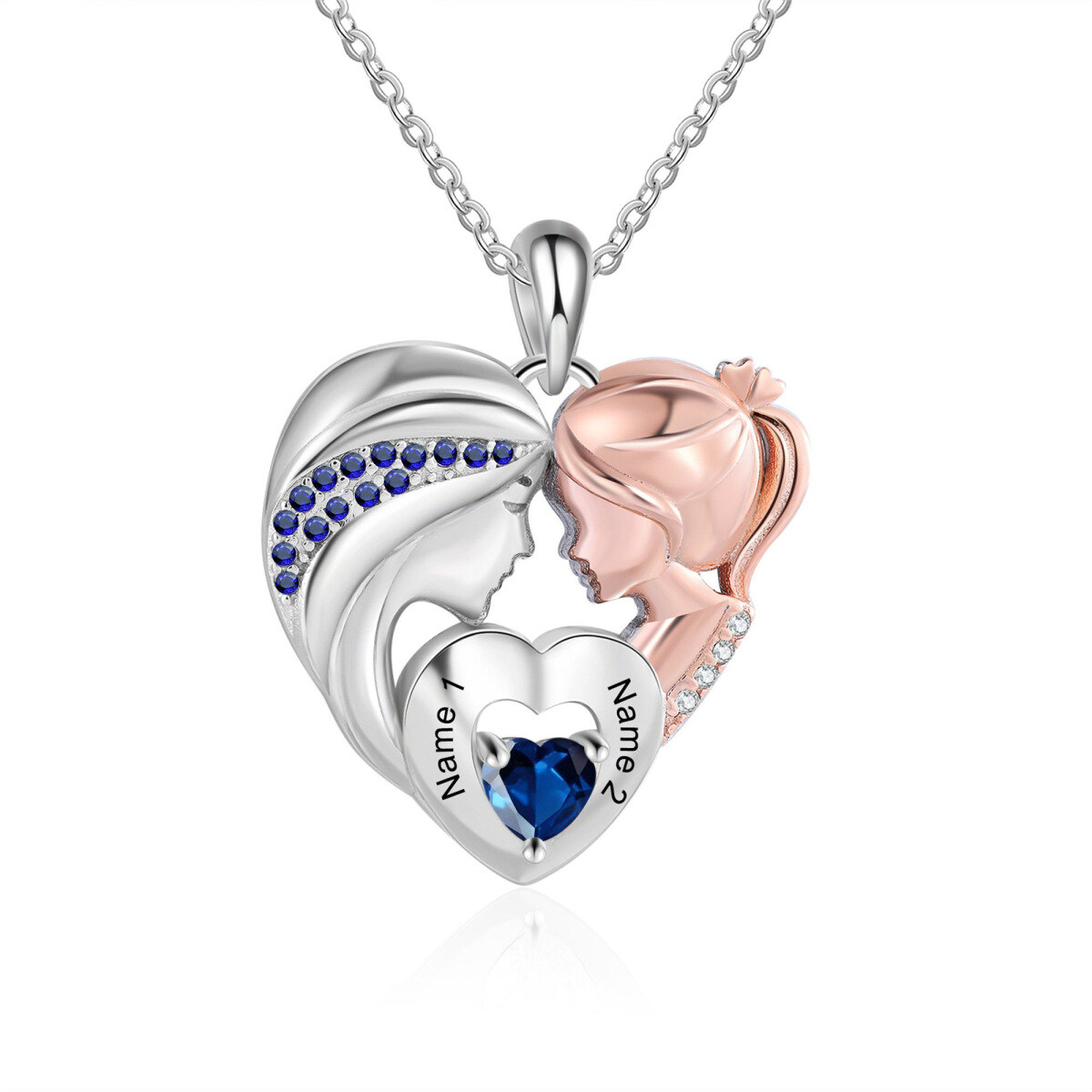 Sterling Silver Cubic Zirconia Personalized Engraving Mother & Daughter Heart Pendant Necklace-1