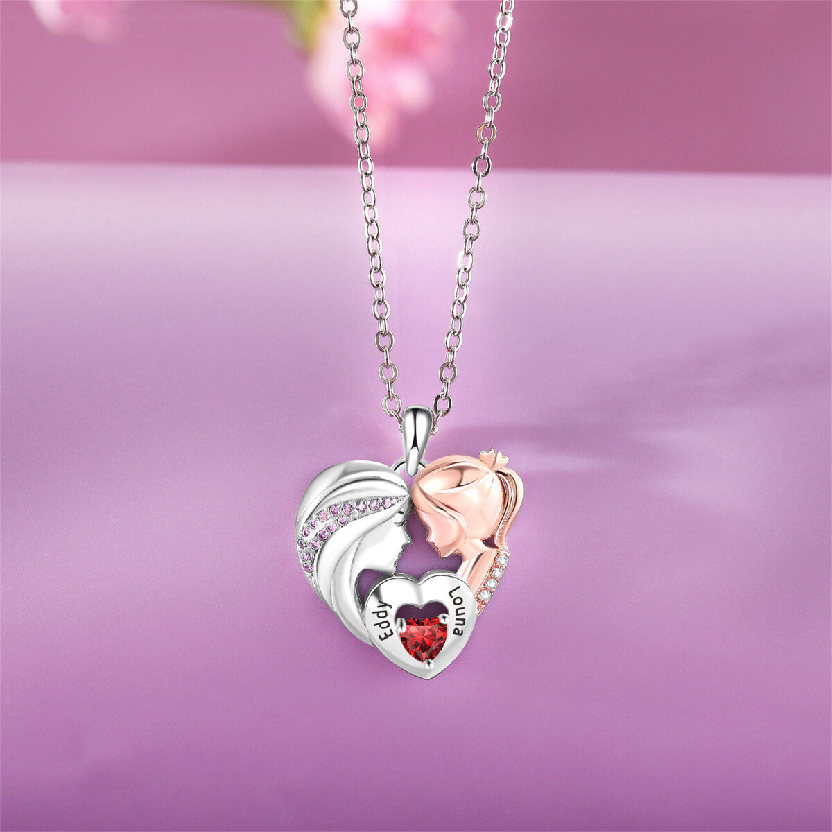 Plata de ley de circonio cúbico personalizado grabado Madre e Hija Corazón Collar Colgante-5