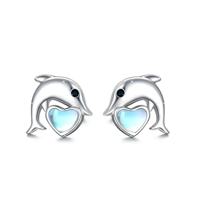 Sterling Silver Moonstone Dolphin & Heart Stud Earrings-1
