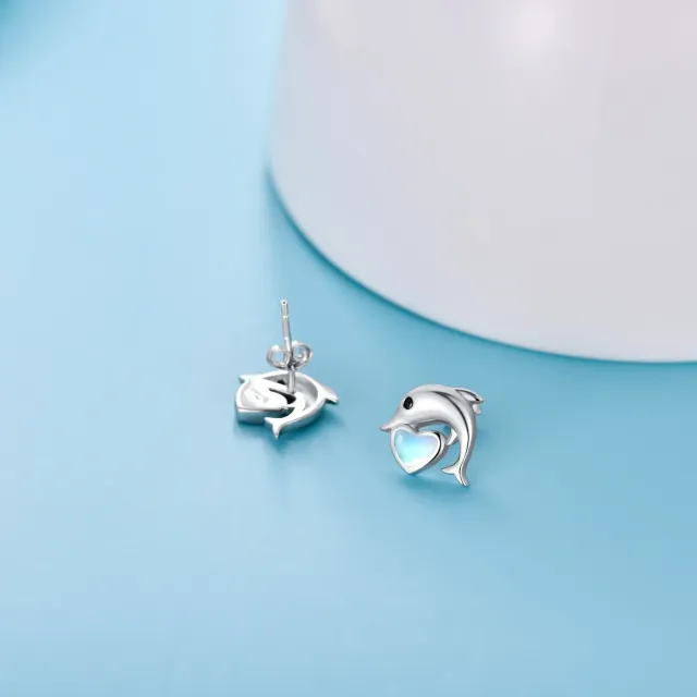 Sterling Silver Moonstone Dolphin & Heart Stud Earrings-3