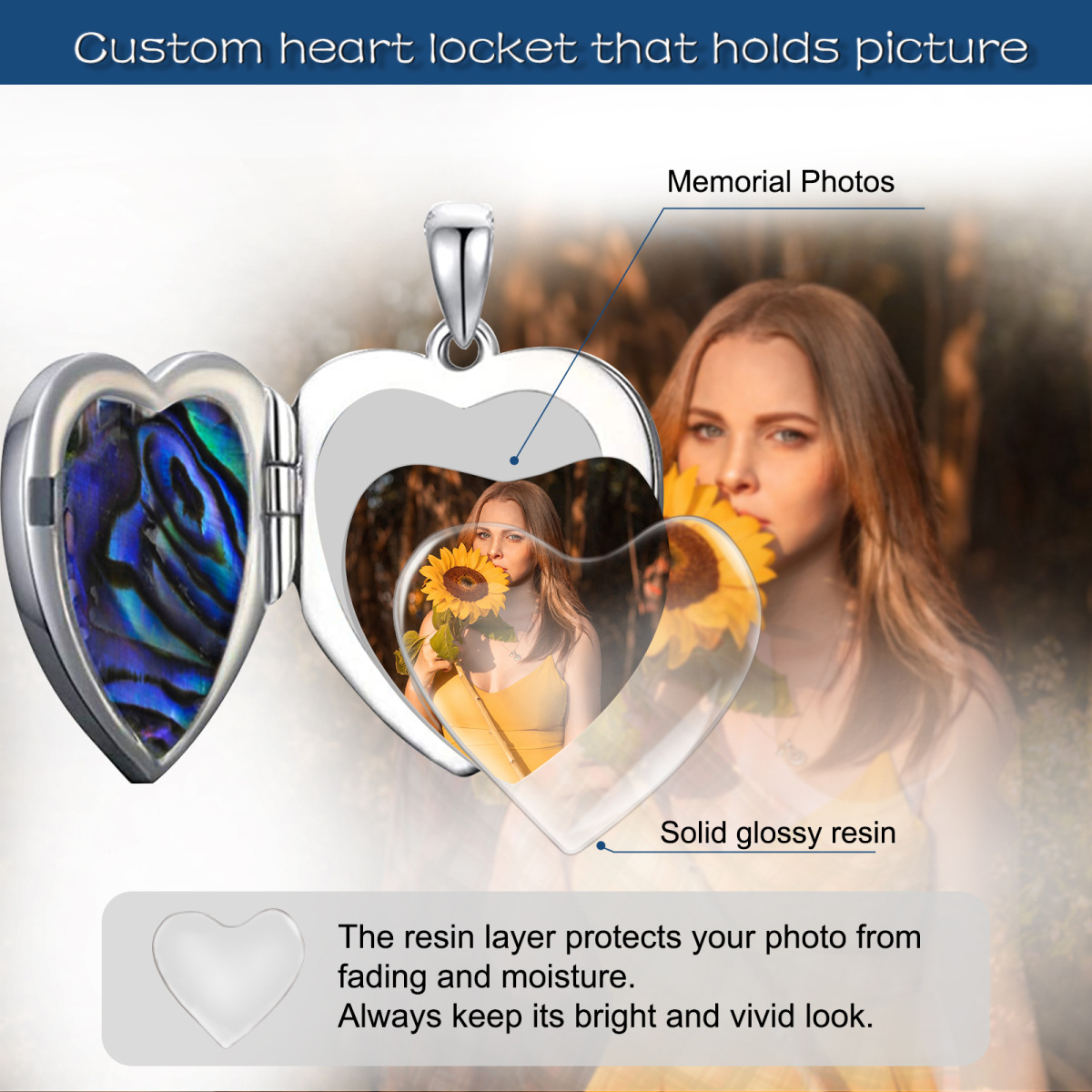 Sterling Silver Heart Shaped Abalone Shellfish & Personalized Engraving Lotus & Personalized Photo & Heart Personalized Photo Locket Necklace-5