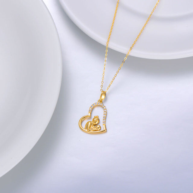 14K Gold Zircon Mother & Daughter Heart Pendant Necklace-2
