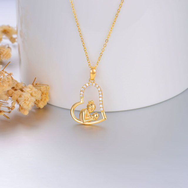 14K Gold Zircon Mother & Daughter Heart Pendant Necklace-3