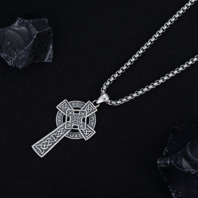 Collar de plata de ley con nudo celta, cruz y runa vikinga para hombre-2