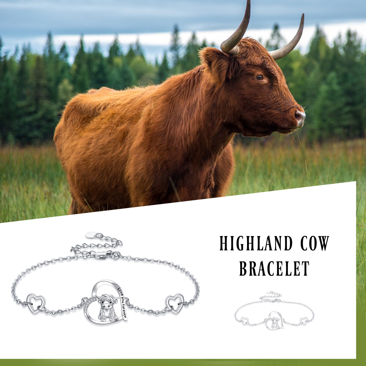 Sterling Silver Circular Shaped Cubic Zirconia Highland Cow & Heart Pendant Bracelet with Engraved Word-6