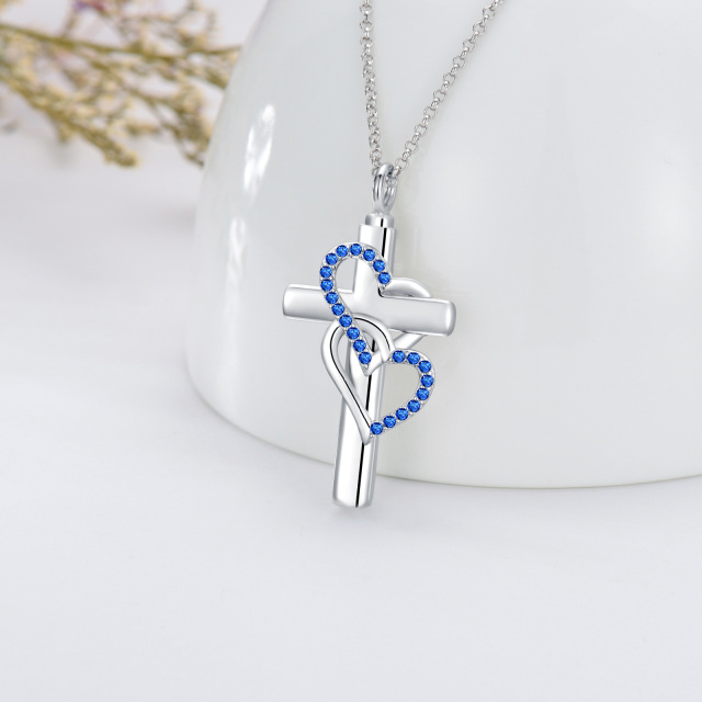Sterling Silver Cubic Zirconia Cross & Heart With Heart Urn Necklace for Ashes-3