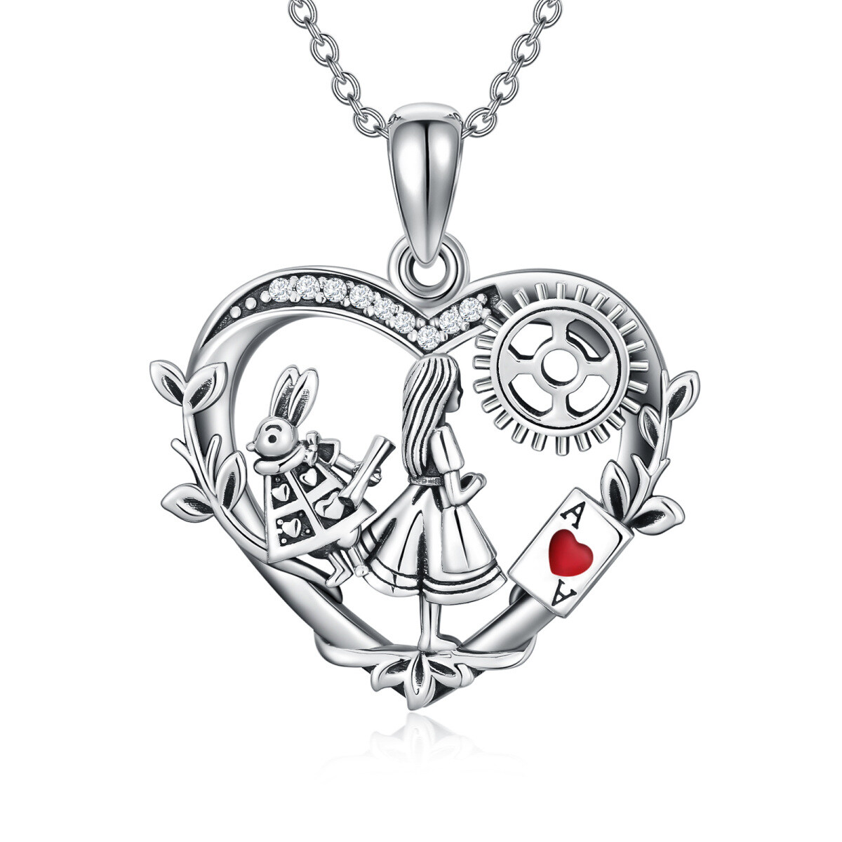 Collier en argent sterling avec pendentif Alice au pays des merveilles et cœur en zircon c-1