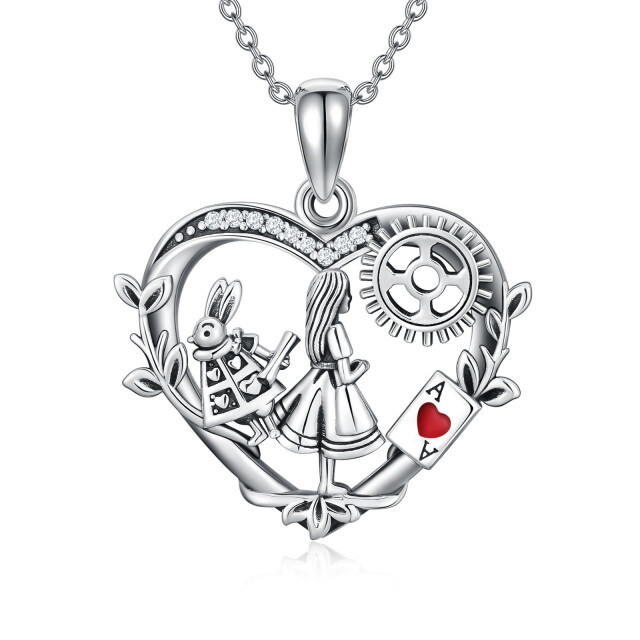 Sterling Silver Cubic Zirconia Alice In The Wonderland & Heart Pendant Necklace-0
