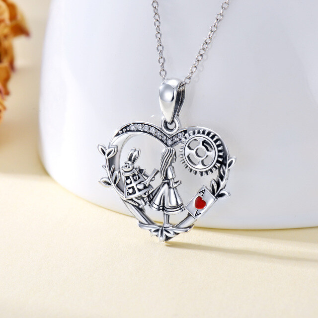 Sterling Silver Cubic Zirconia Alice In The Wonderland & Heart Pendant Necklace-4
