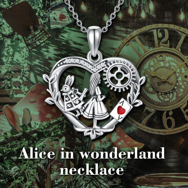 Sterling Silver Cubic Zirconia Alice In The Wonderland & Heart Pendant Necklace-2