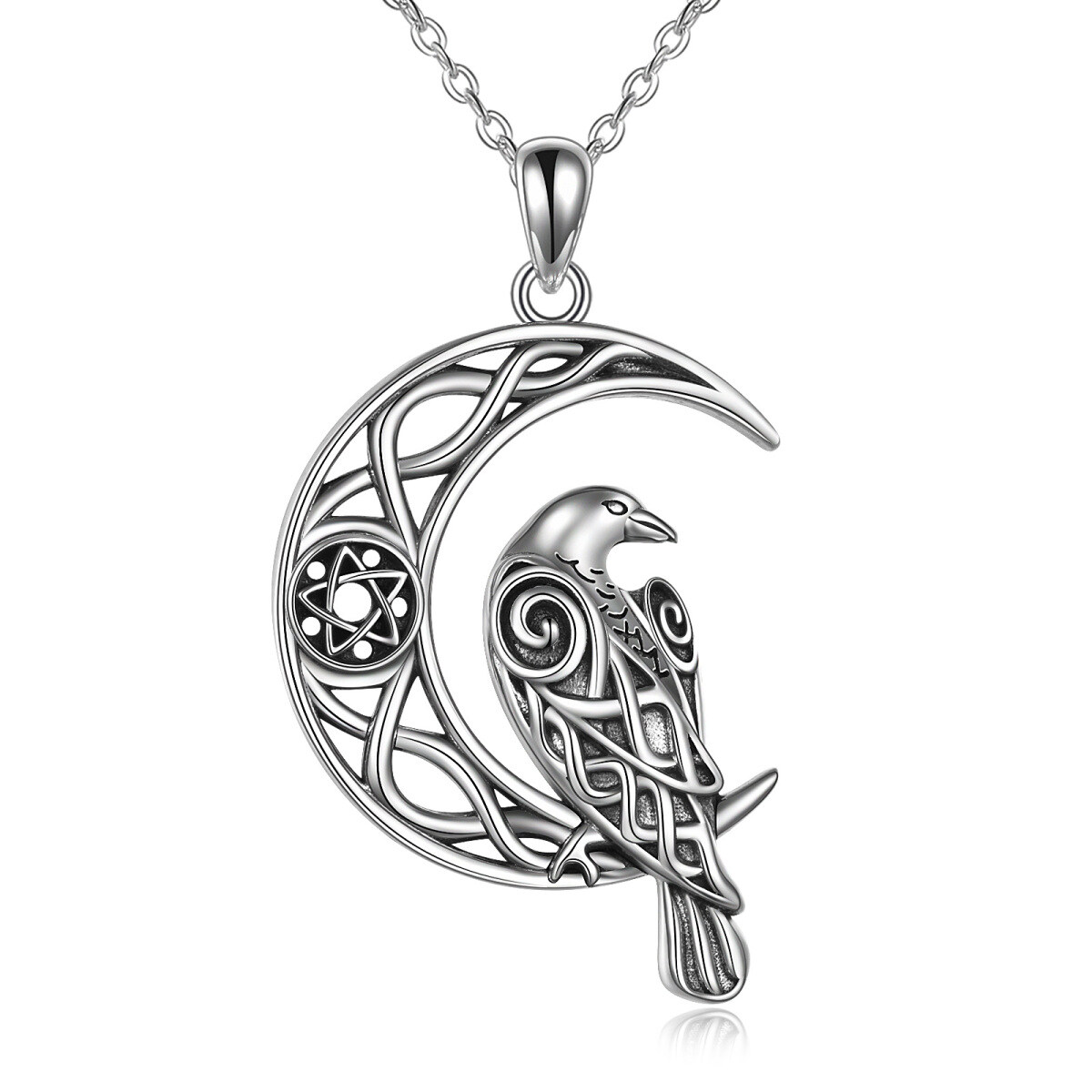 Sterling Silver Raven & Celtic Knot & Moon Pendant Necklace-1