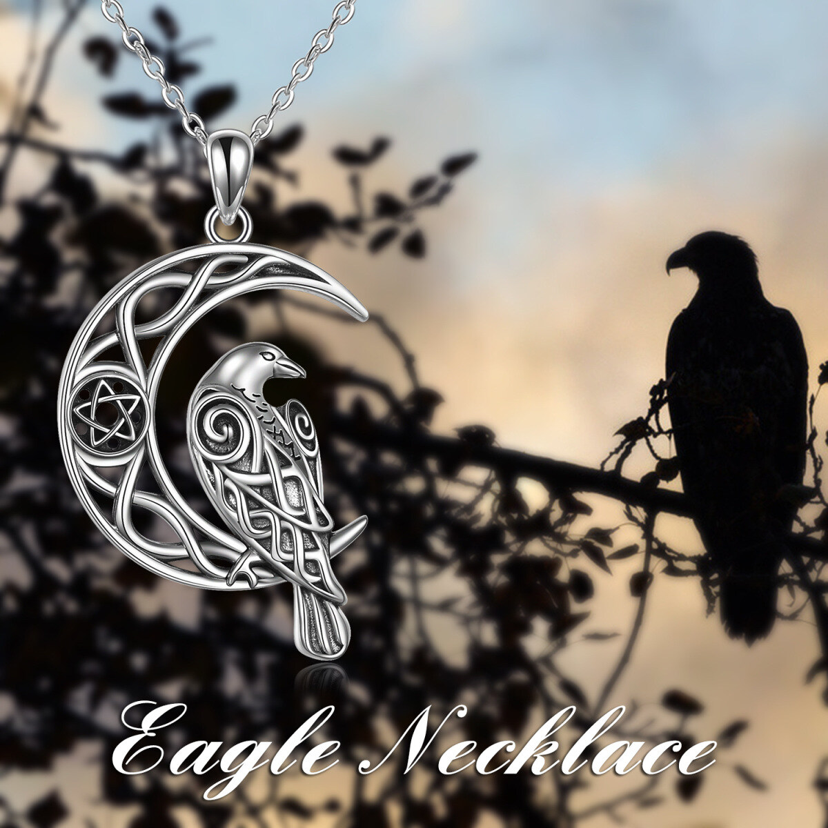 Sterling Silver Raven & Celtic Knot & Moon Pendant Necklace-5