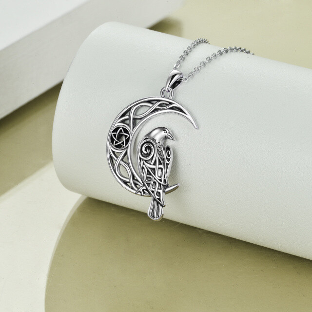 Sterling Silver Raven & Celtic Knot & Moon Pendant Necklace-3