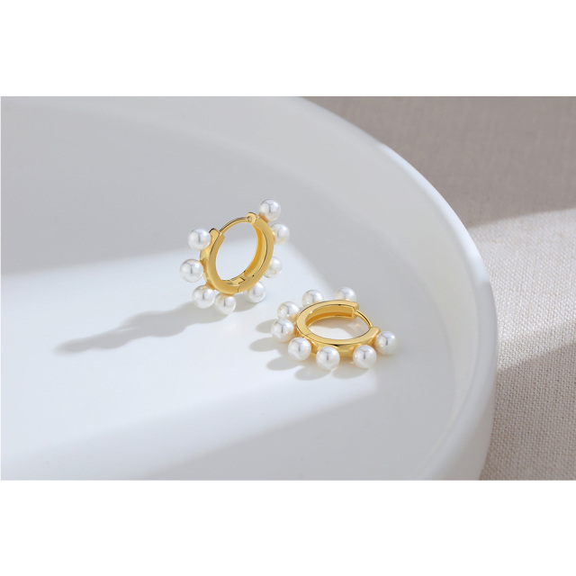 Sterling Silver with Yellow Gold Plated Pearl Round Hoop Earrings-4