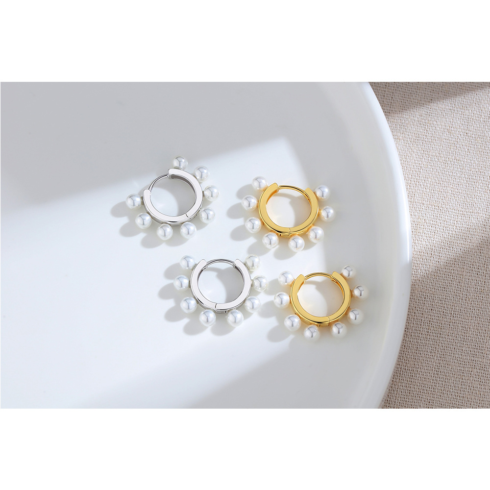 Sterling Silver with Yellow Gold Plated Pearl Round Hoop Earrings-6
