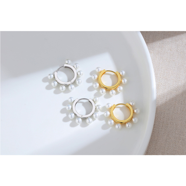 Sterling Silver with Yellow Gold Plated Pearl Round Hoop Earrings-5