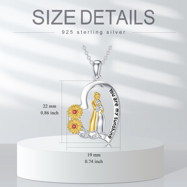 Sterling Silver Two-tone Round Cubic Zirconia Sunflower Mother & Daughter Heart Pendant Necklace with Engraved Word-5