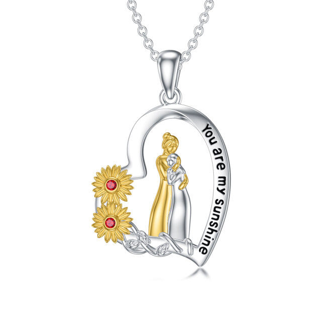 Sterling Silver Two-tone Round Cubic Zirconia Sunflower Mother & Daughter Heart Pendant Necklace with Engraved Word-0