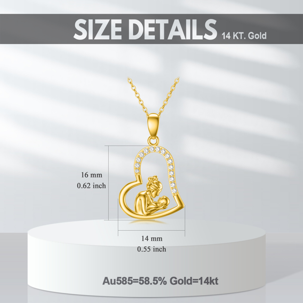 14K Gold Zircon Mother & Daughter Heart Pendant Necklace-6