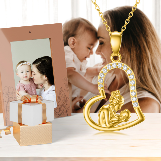 Colar com pingente de coração mãe e filha em zircão de ouro 14K-4