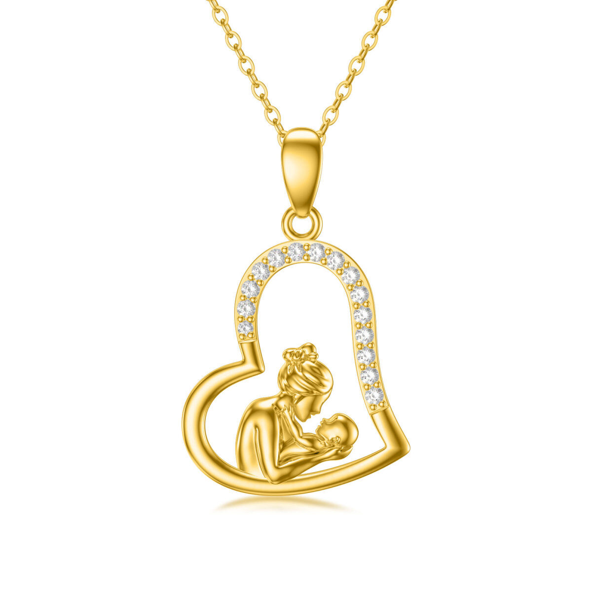 14K Gold Zircon Mother & Daughter Heart Pendant Necklace-1