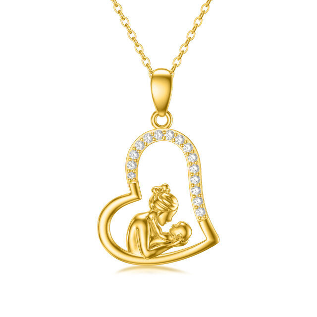 14K Gold Zircon Mother & Daughter Heart Pendant Necklace-0