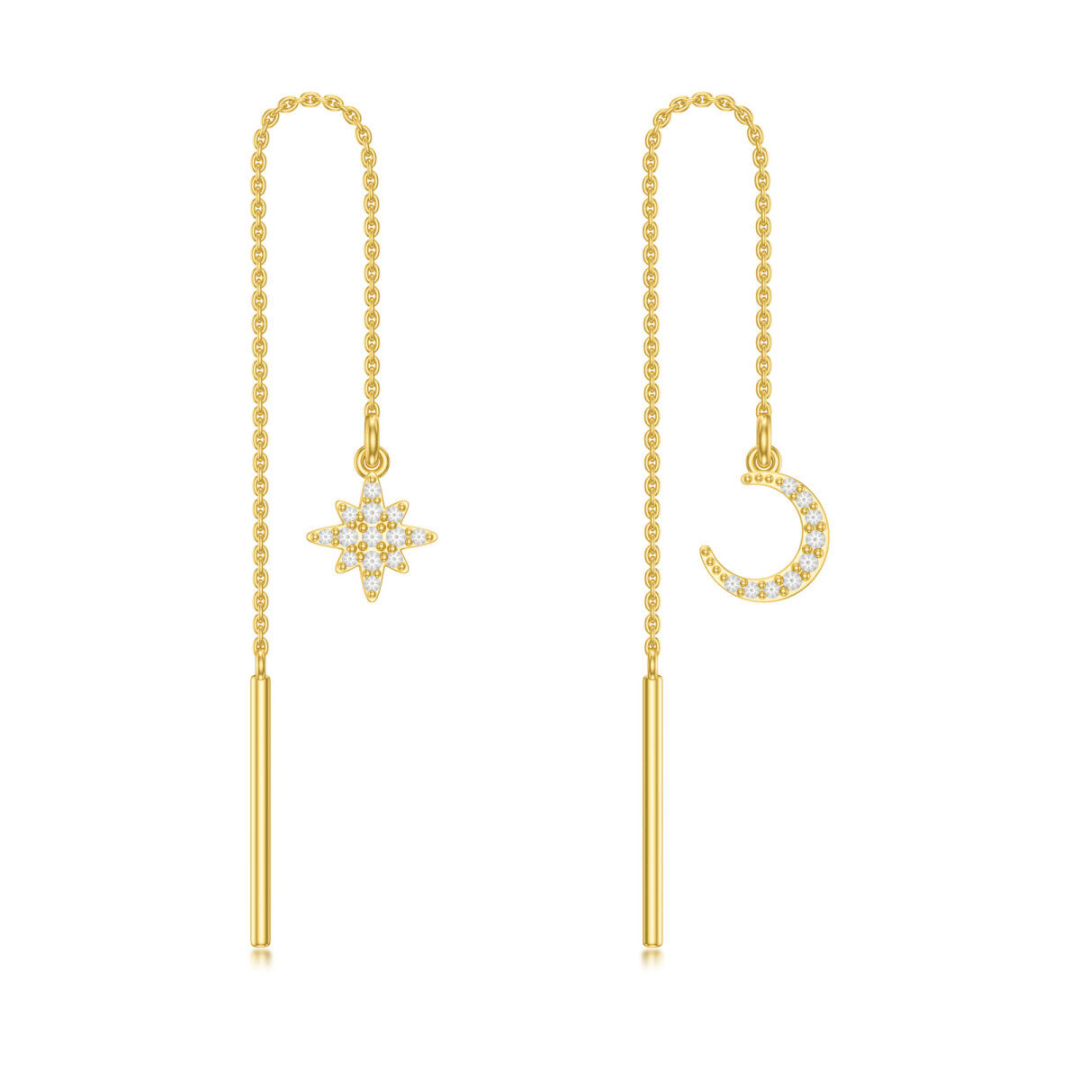 14K Gold Circular Shaped Cubic Zirconia Moon & Star Drop Earrings-1