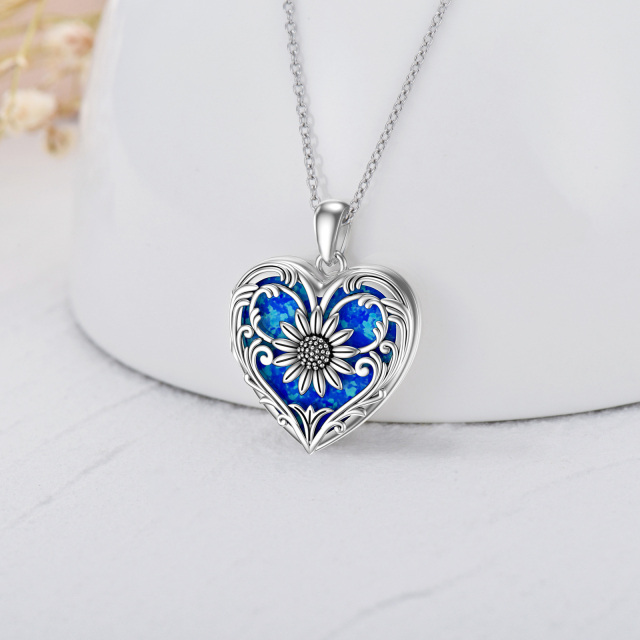 Sterling Silver Heart Opal Sunflower Personalized Photo Locket Necklace-3