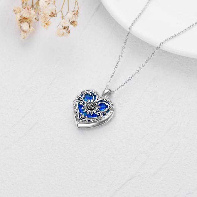 Sterling Silver Heart Opal Sunflower Personalized Photo Locket Necklace-2