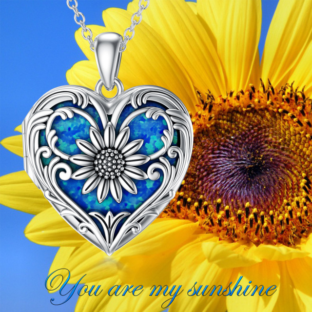 Sterling Silver Heart Opal Sunflower Personalized Photo Locket Necklace-5