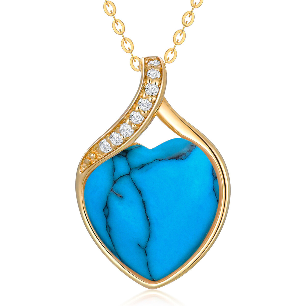 Collier en or 14K avec pendentif diamant et turquoise en forme de coeur-1