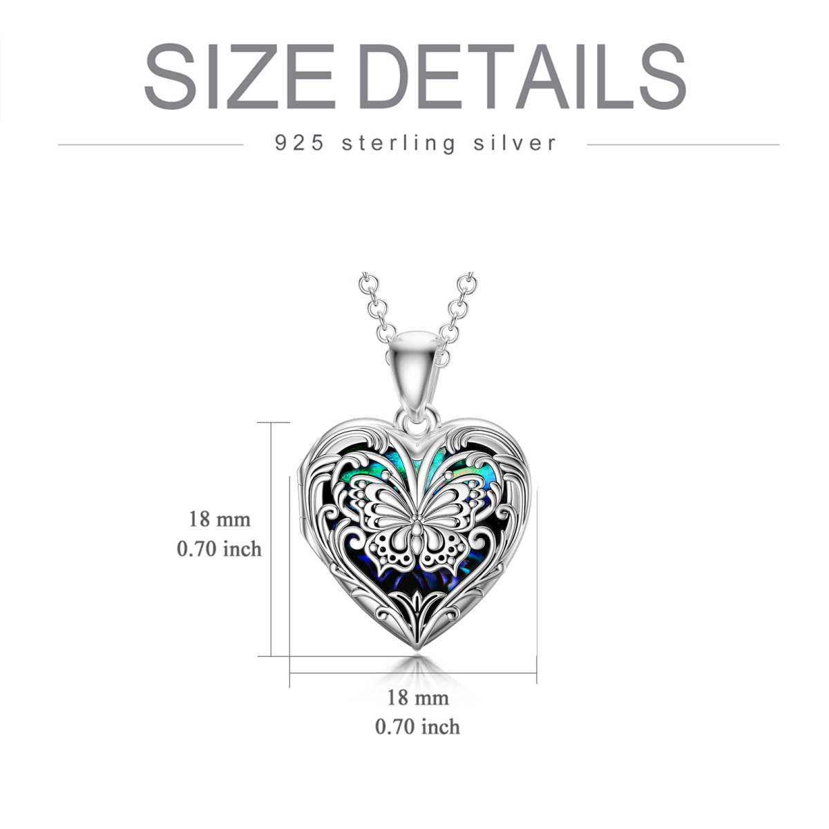 Mariposa de plata de ley en forma de corazón de abulón mariscos Personalizada Grabación Foto Collar Relicario-7