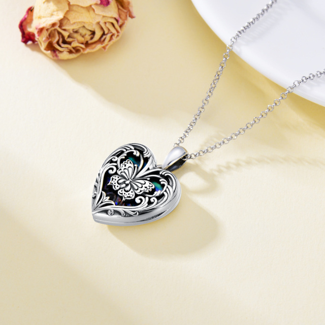Sterling Silber Schmetterling Herz geformt Abalone Schalentier personalisierte Gravur Foto Medaillon Halskette-4