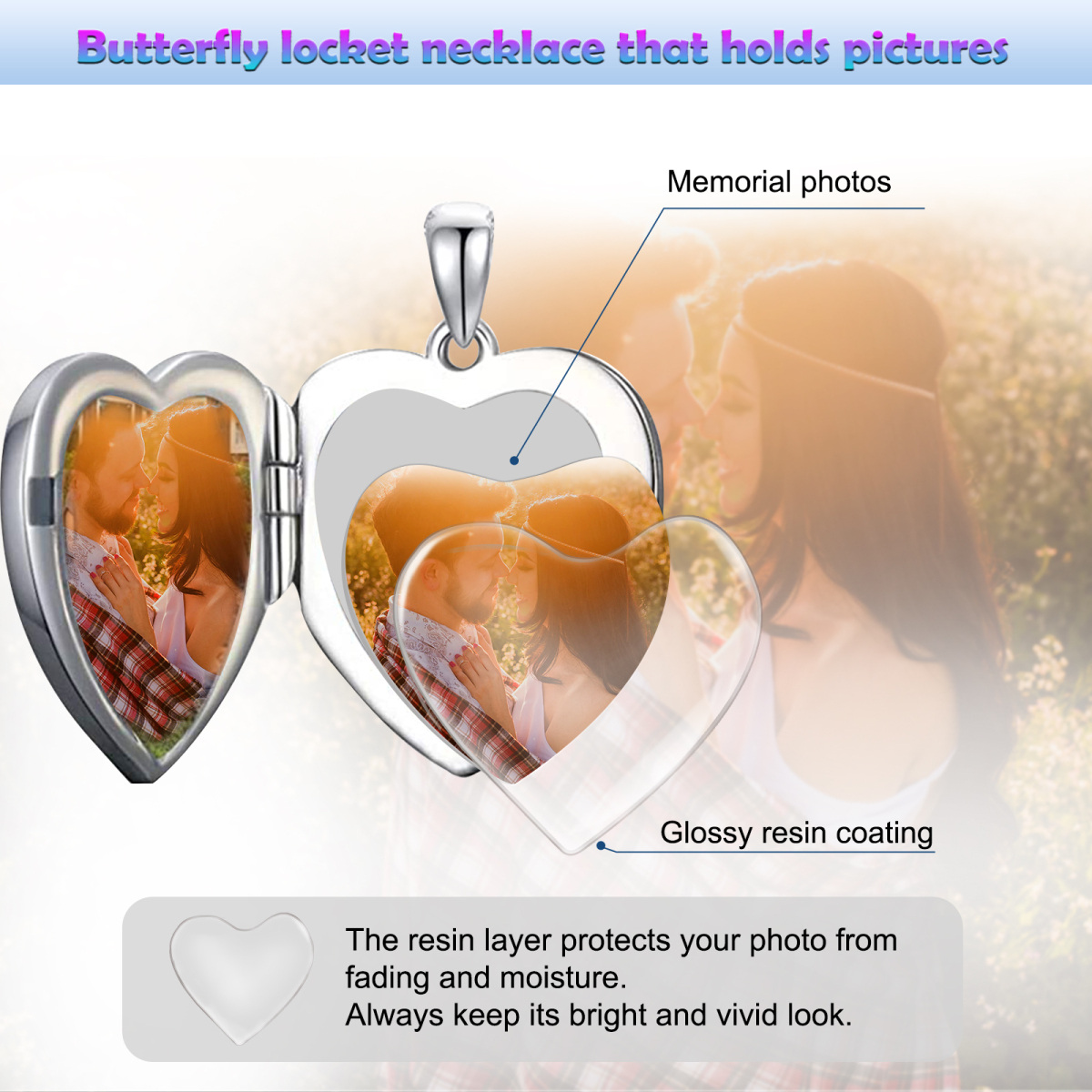 Plata de Ley Mariposa Corazón Personalizado Grabado Foto Locket Collar-8