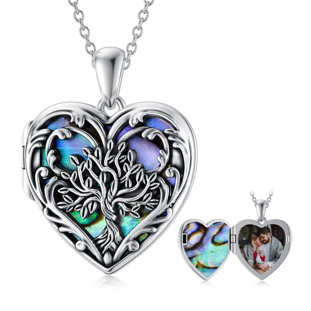 Sterling Silver Heart Abalone Shellfish Tree Of Life Personalized Photo Locket Necklace-1