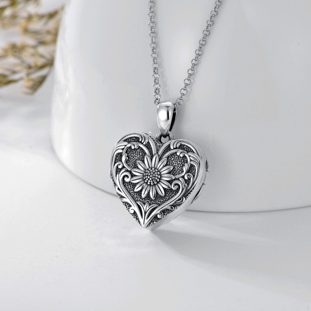 Sterling Silver Sunflower & Heart Personalized Photo Locket Necklace-2