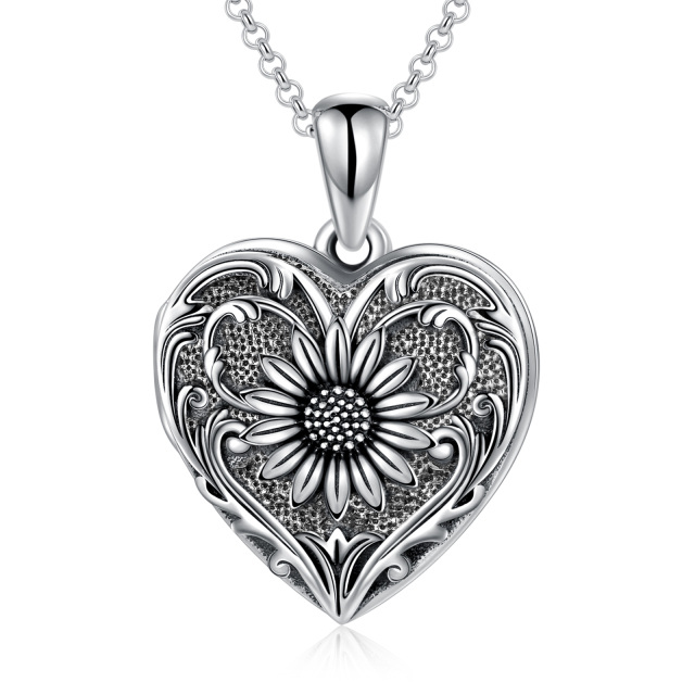 Sterling Silver Sunflower & Heart Personalized Photo Locket Necklace-0