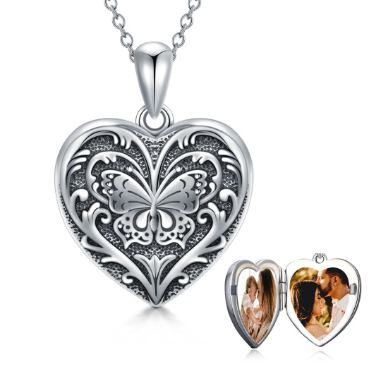 Colar de prata esterlina com coração de borboleta e medalhão de fotografias personalizado