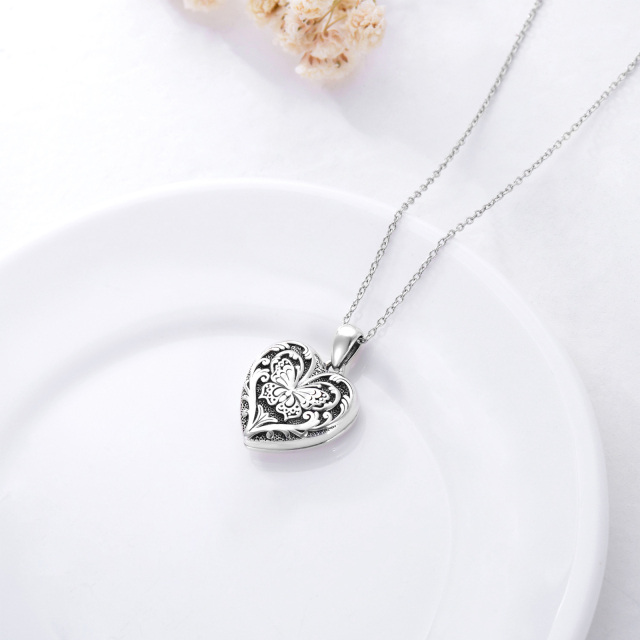 Sterling Silver Butterfly Heart Personalized Photo Locket Necklace-3