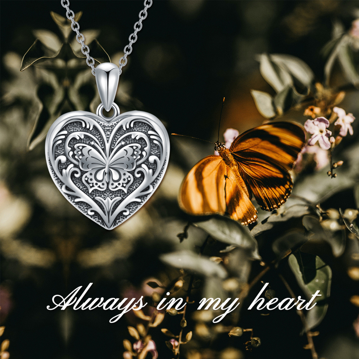 Collar Portafotos Personalizado Corazón de Mariposa en Plata de Ley-8