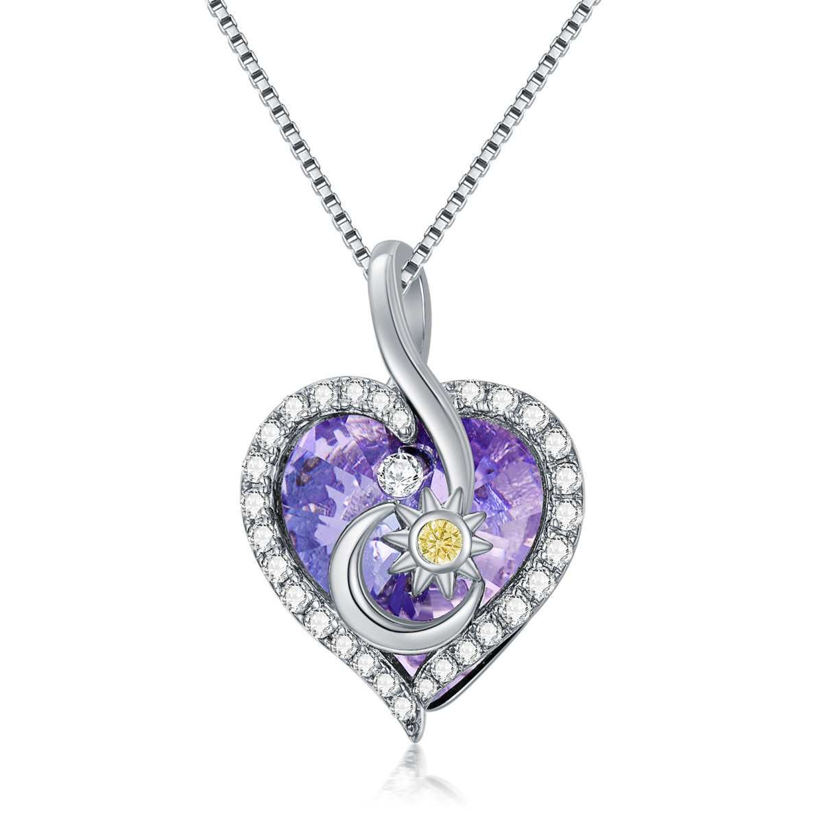 Sterling Silver Heart Shaped Heart & Moon & Sun Crystal Pendant Necklace-1