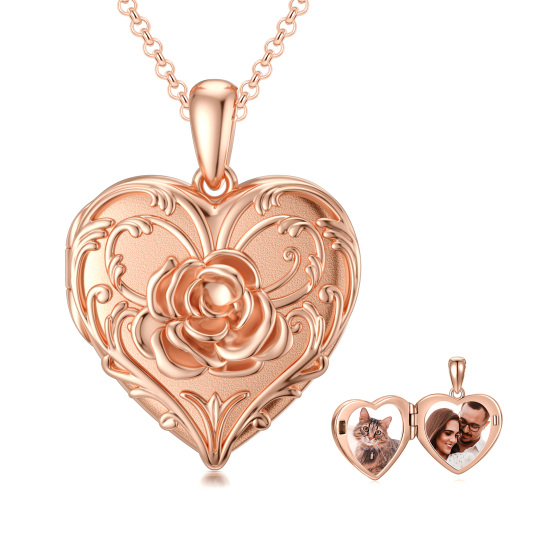 Plata de ley con chapado en oro rosa Rose Corazón Personalizada Grabación Foto Locket Collar