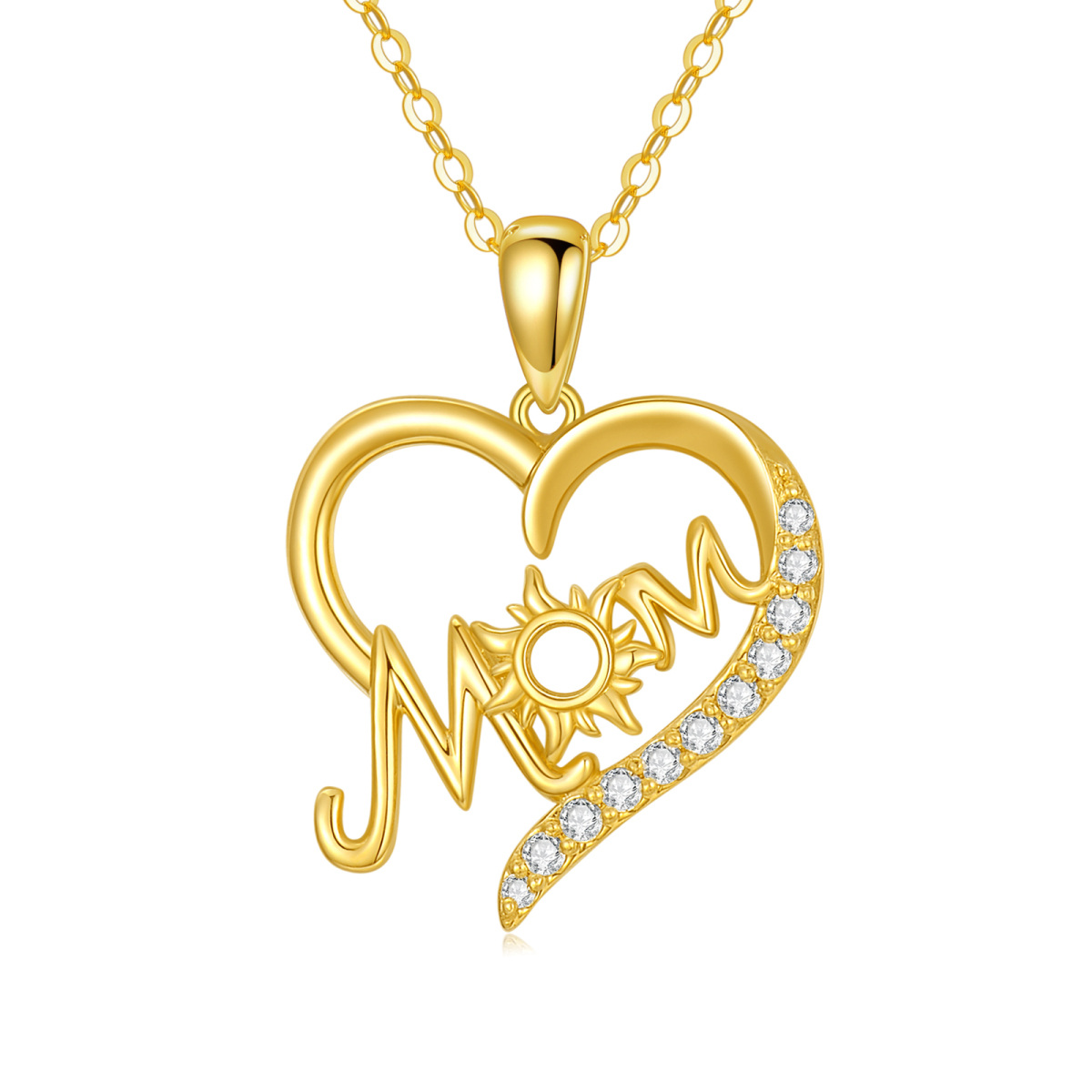 14K Gold Round Zircon Heart Pendant Necklace-1