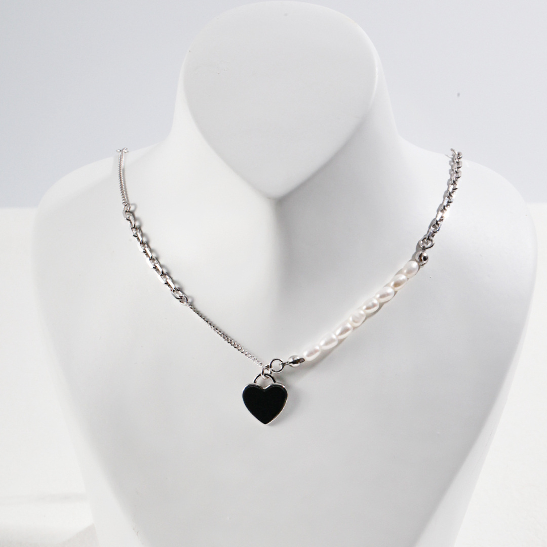 Sterling Silver Oval Shaped Pearl Heart Metal Choker Necklace-1