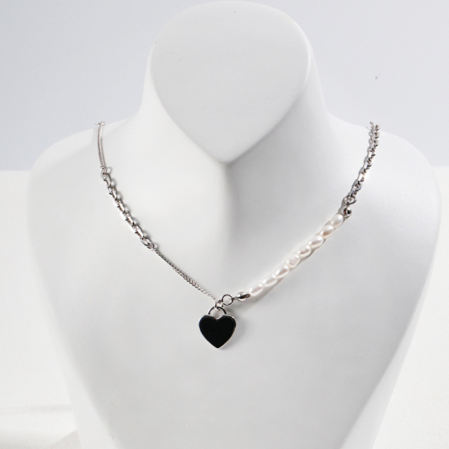 Sterling Silver Oval Shaped Pearl Heart Metal Choker Necklace-0